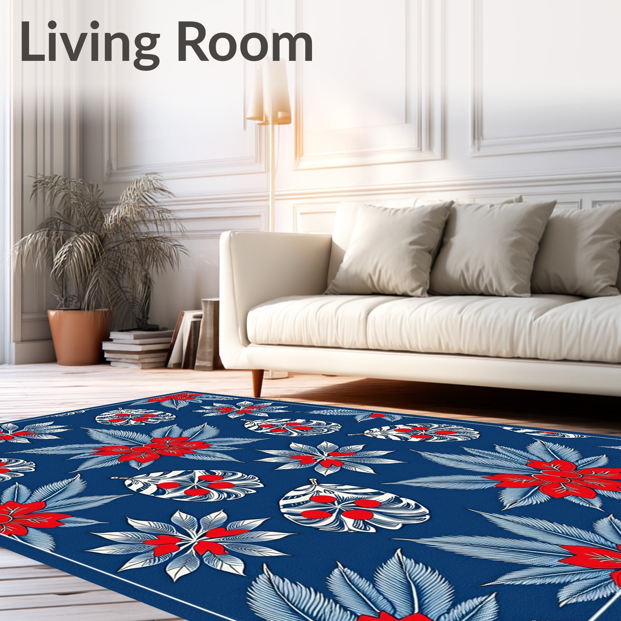 Bold Red Blue Floral Botanical Collage Rug