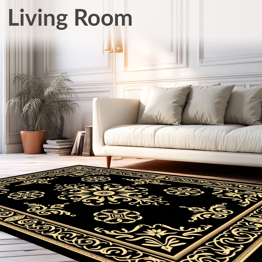 Golden Floral Medallion Black Border Rug