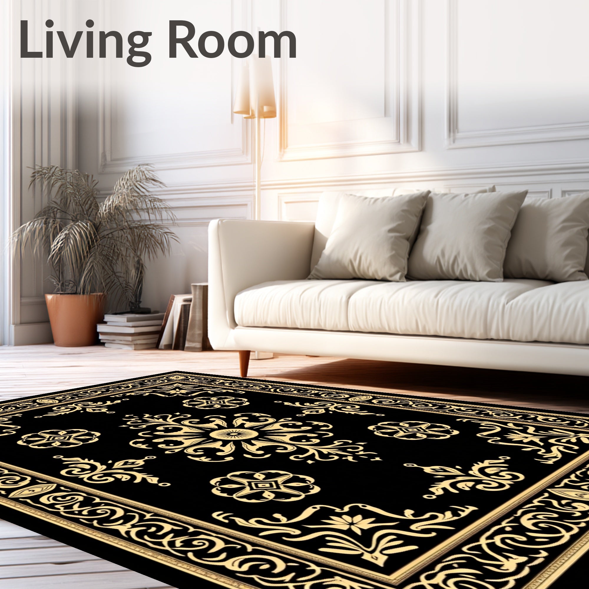 Golden Floral Medallion Black Border Rug