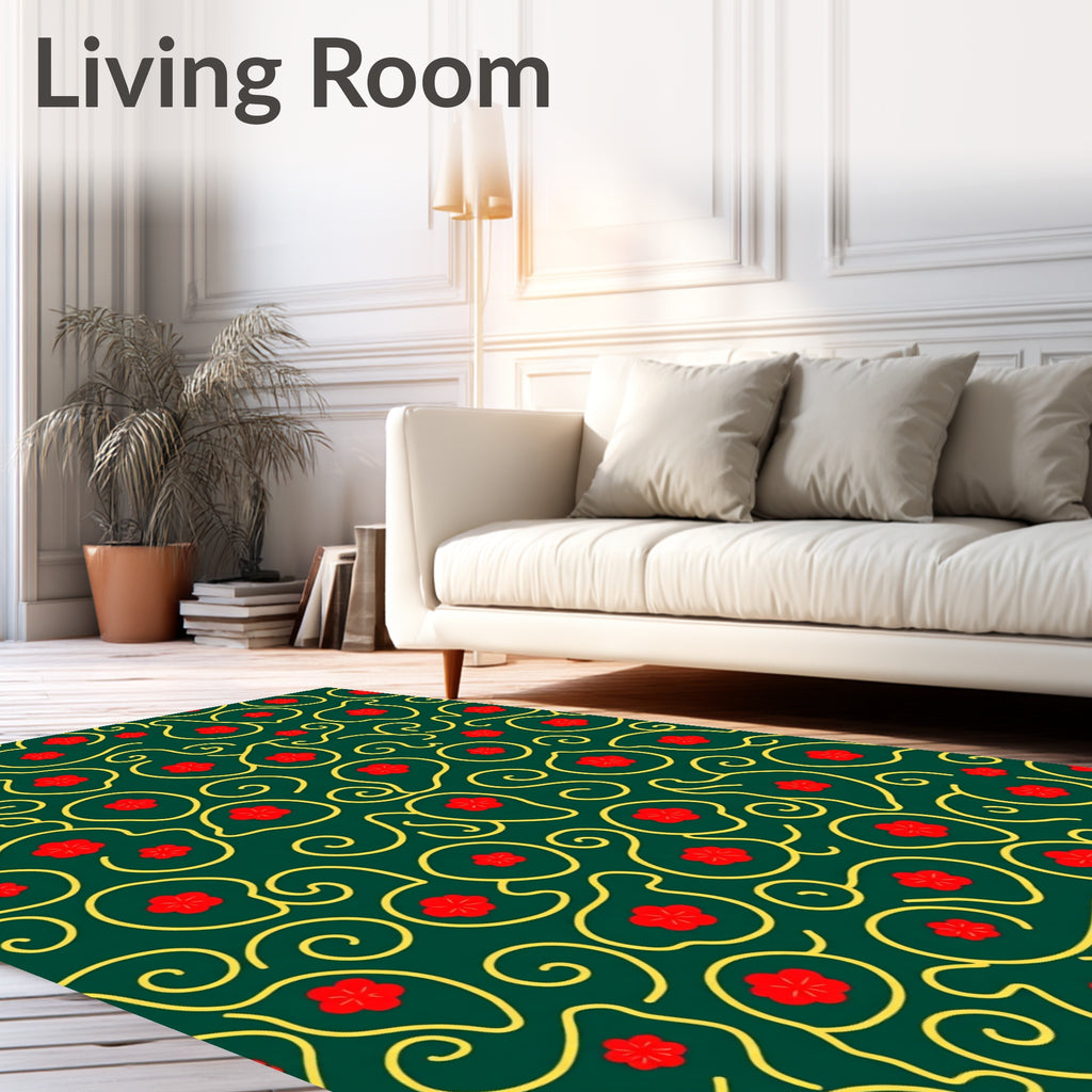 Emerald Red Flower Swirls Rug