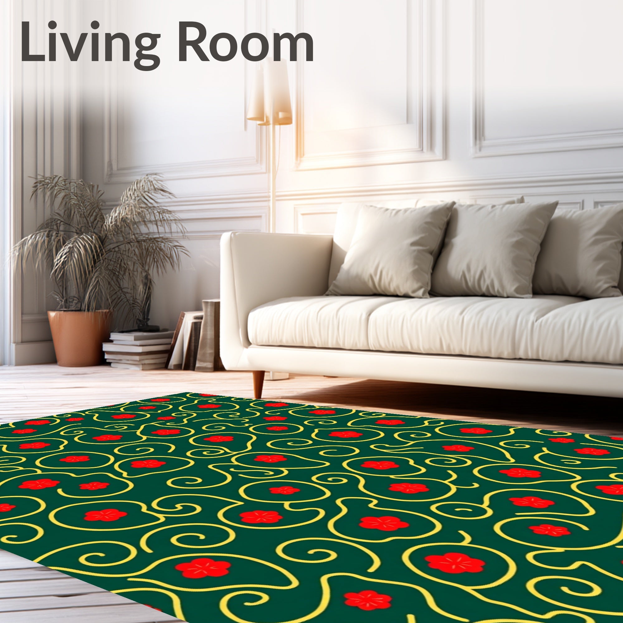 Emerald Red Flower Swirls Rug