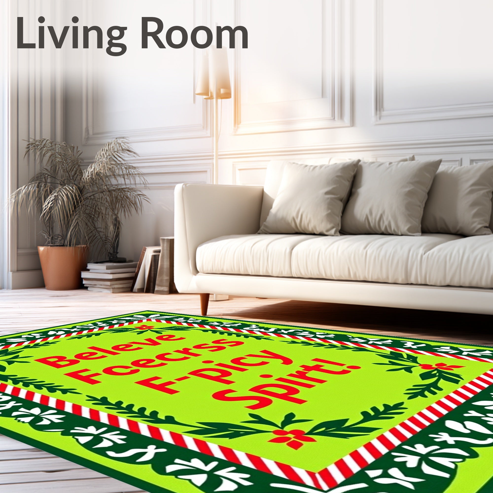 Vibrant Lime Green Floral Border Rug
