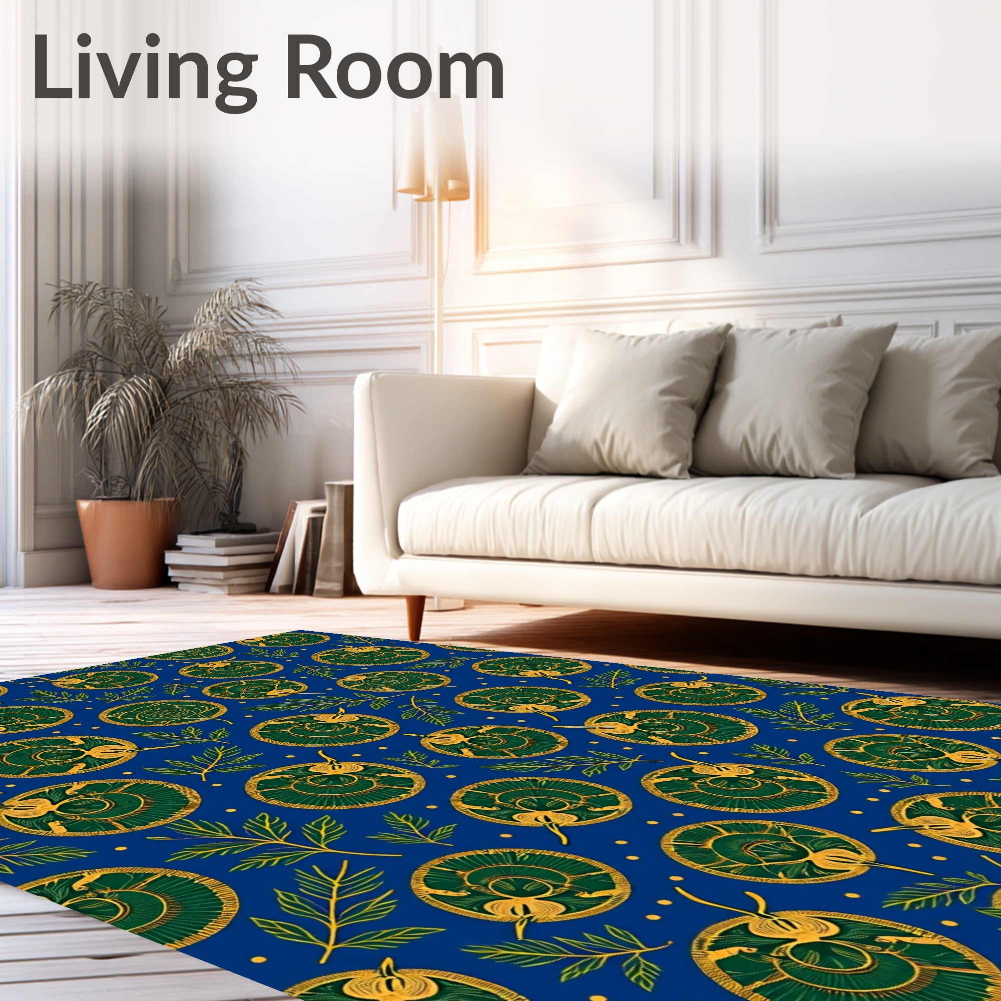 Deep Blue Green Gold Medallion Folk Art Rug