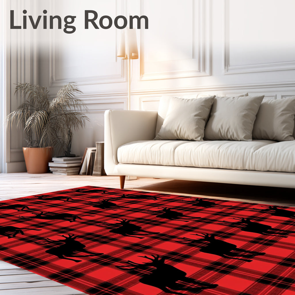Red Black Plaid Deer Silhouette Rug