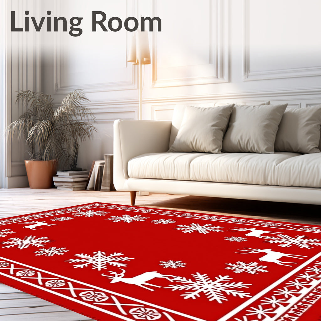 Red White Snowflake Deer Border Rug
