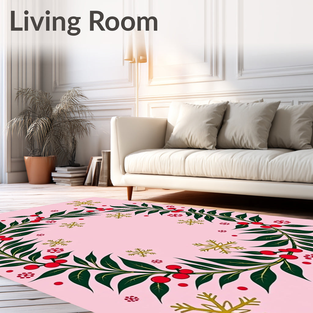 Pink Festive Holly Berry Snowflake Wreath Rug