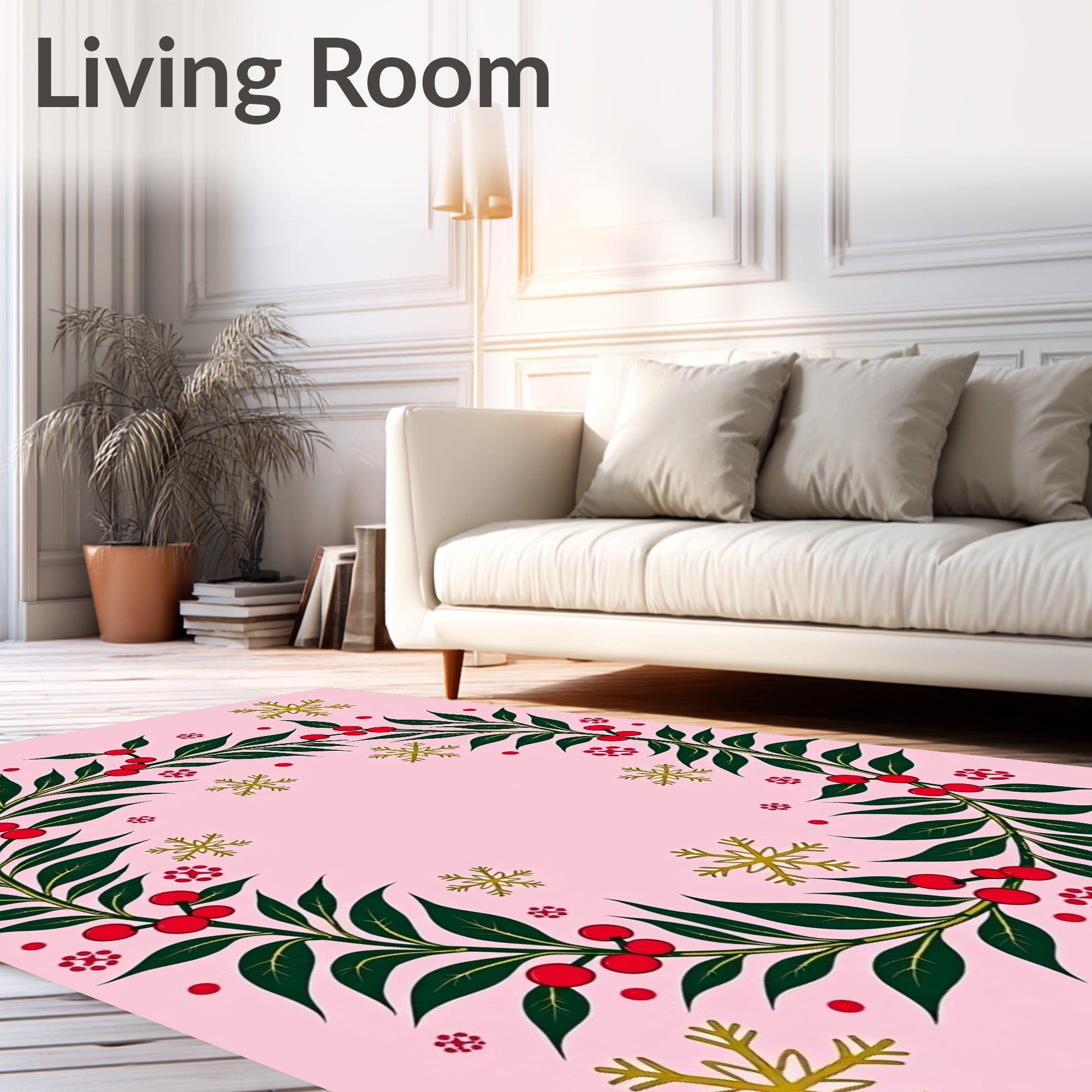 Pink Festive Holly Berry Snowflake Wreath Rug