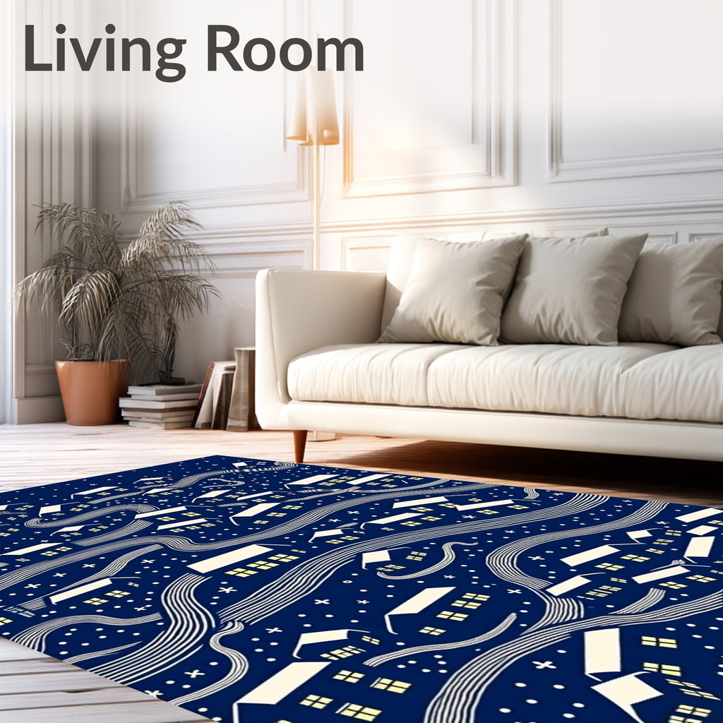 Dark Blue Whimsical Village Night Rug