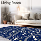 Dark Blue Whimsical Village Night Rug