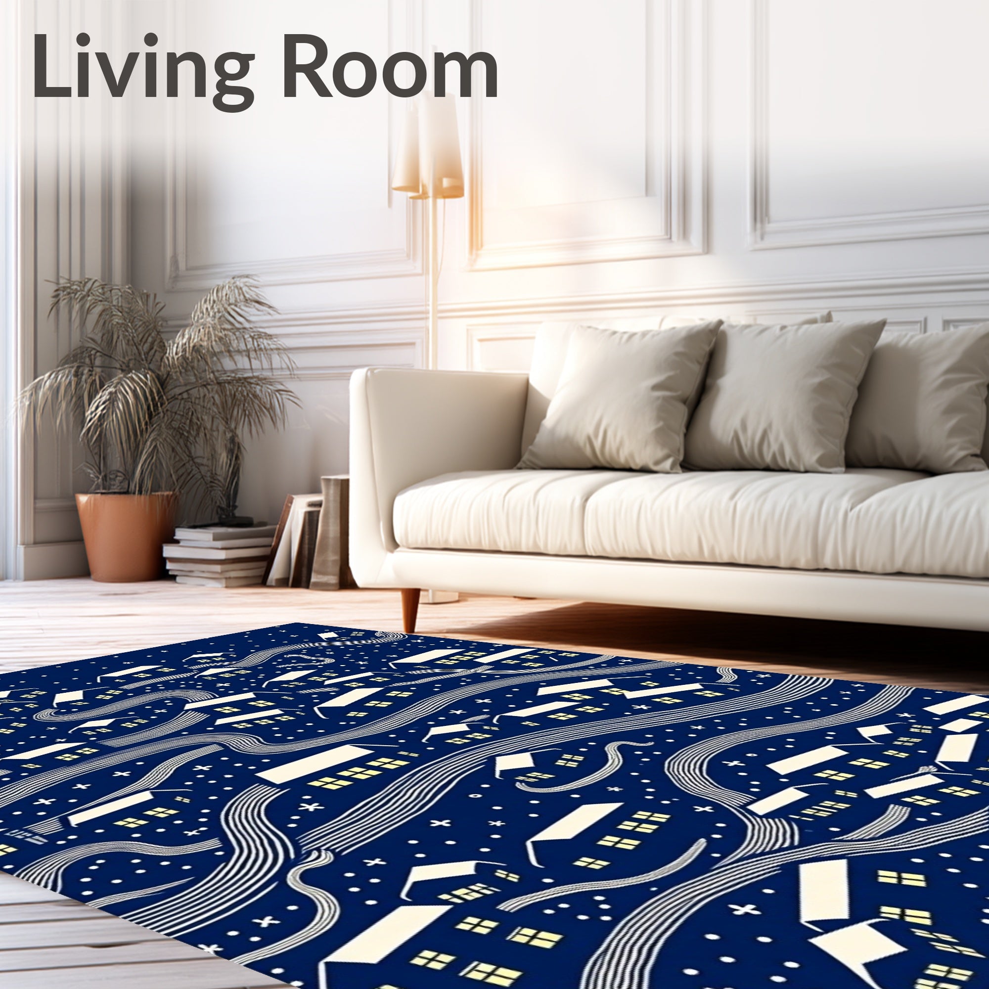 Dark Blue Whimsical Village Night Rug