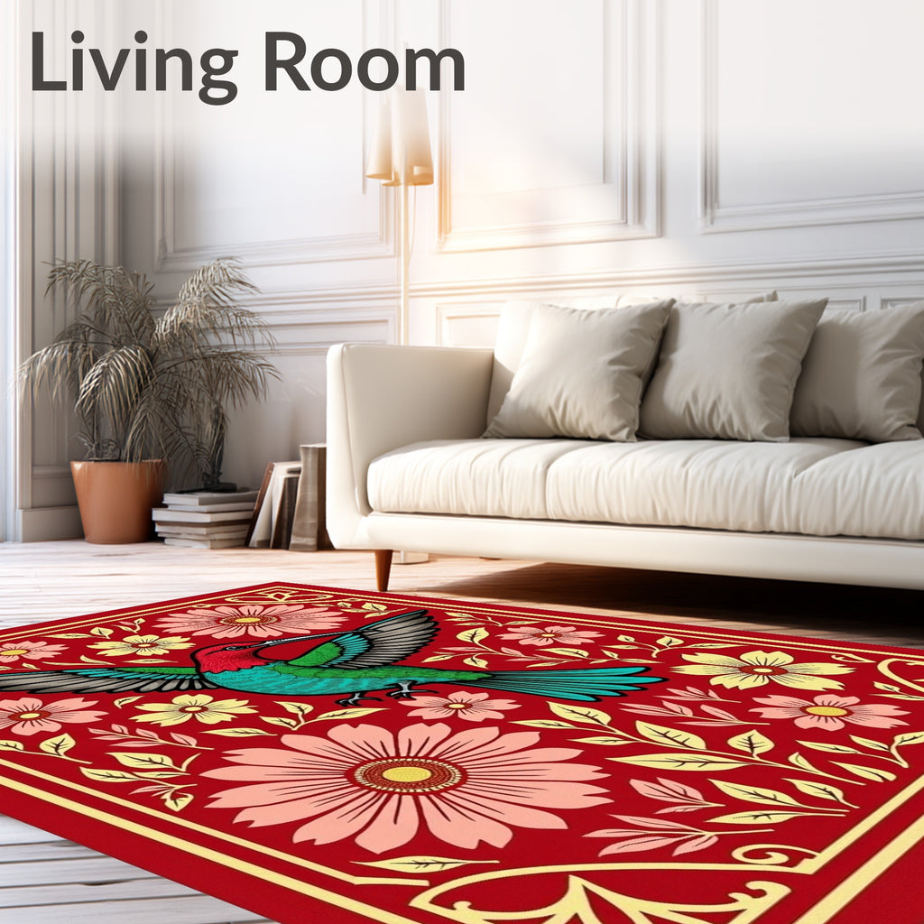 Whimsical Red Hummingbird Floral Border Rug