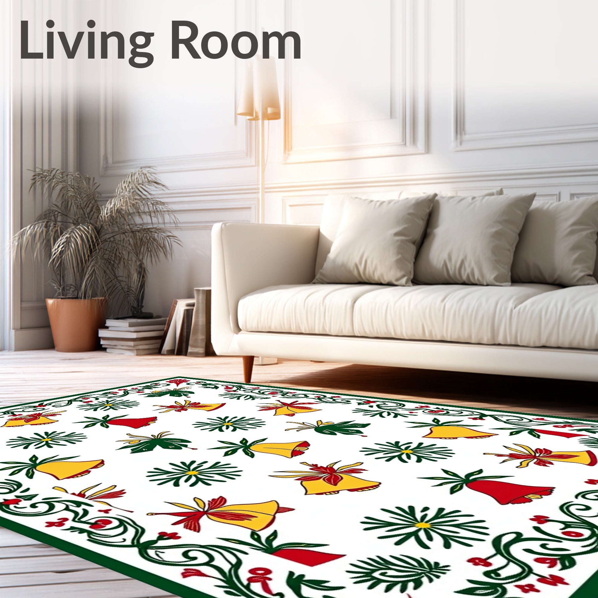 Festive Red Green Yellow Bells Border Rug