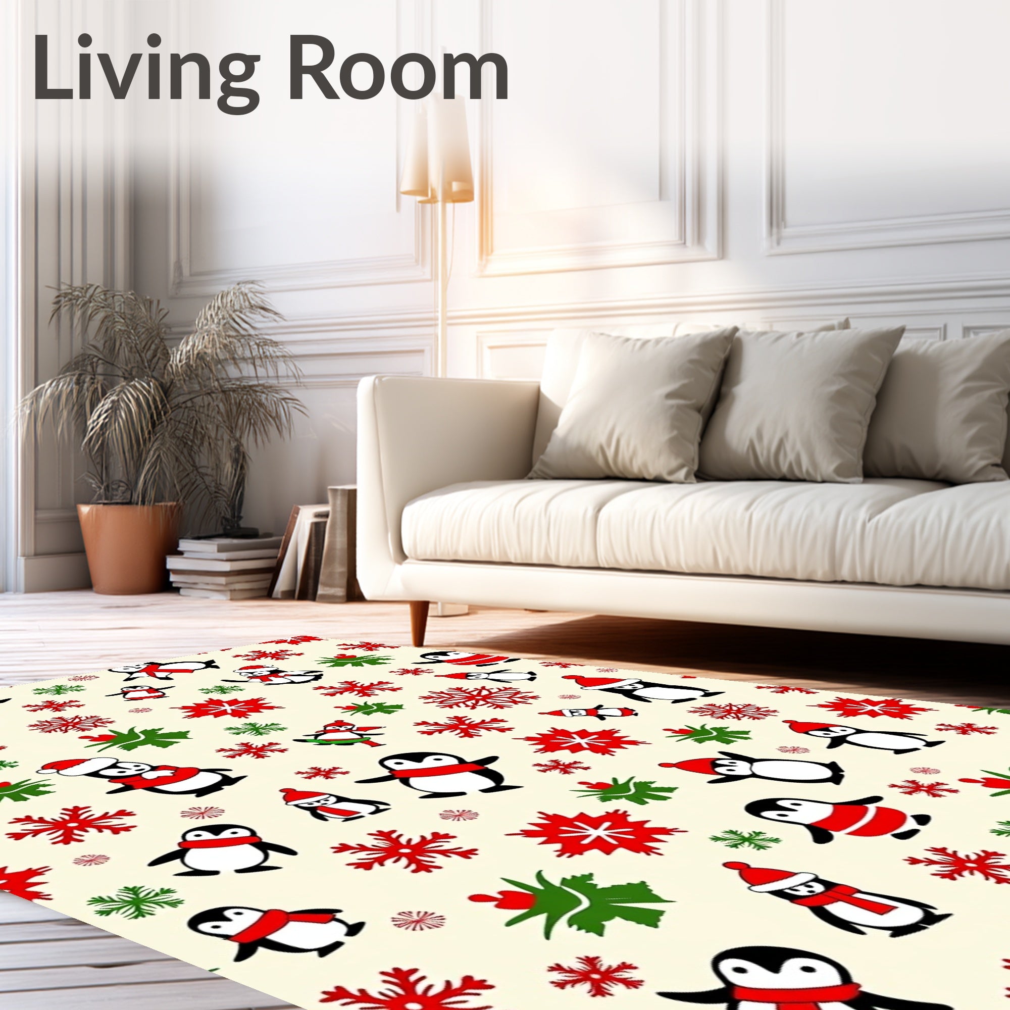 Festive Penguin Snowflakes Cream Rug