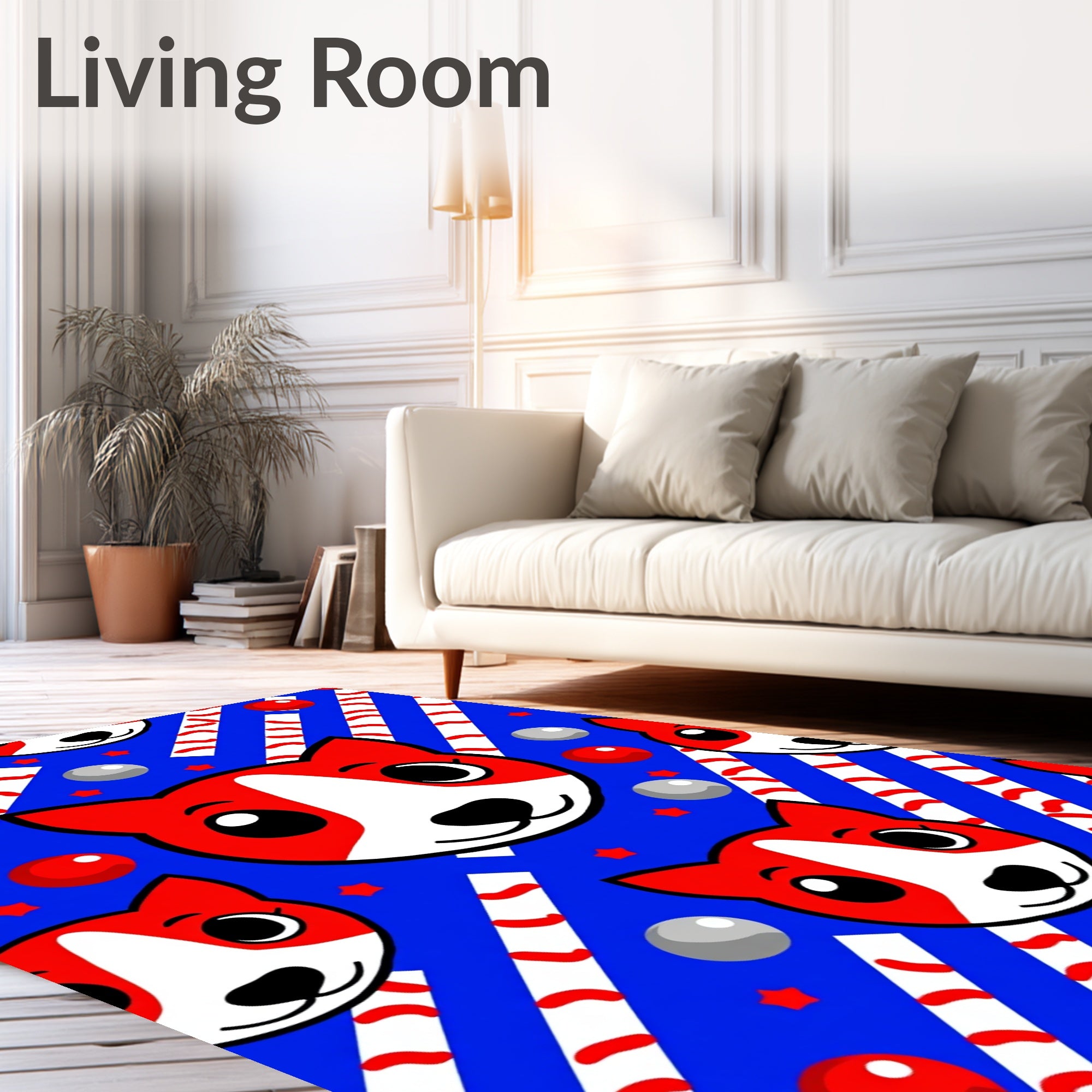 Cute Red Dog Faces Blue Stripe Rug