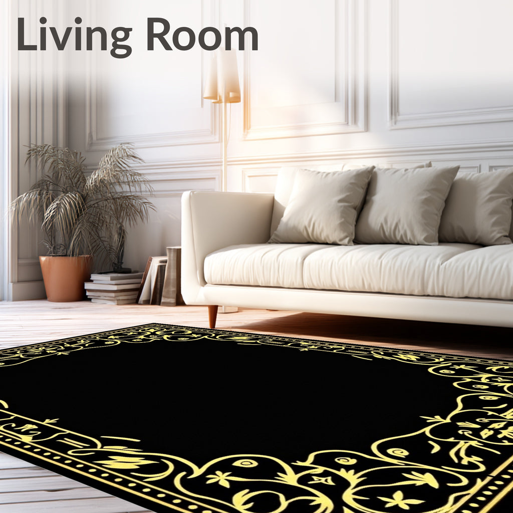 Black Gold Floral Scroll Ornament Rug