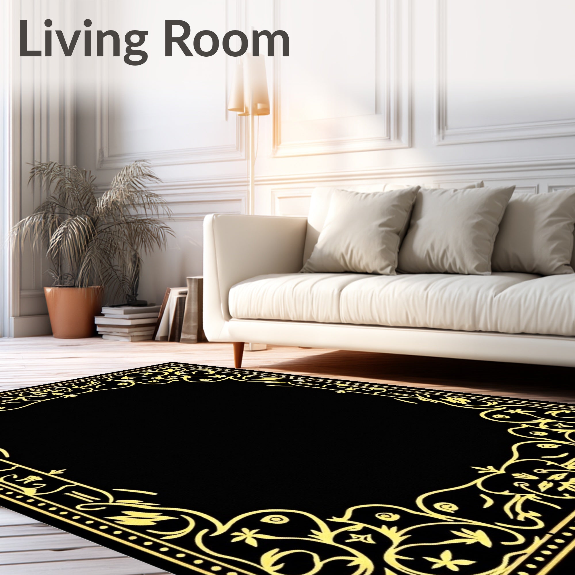 Black Gold Floral Scroll Ornament Rug