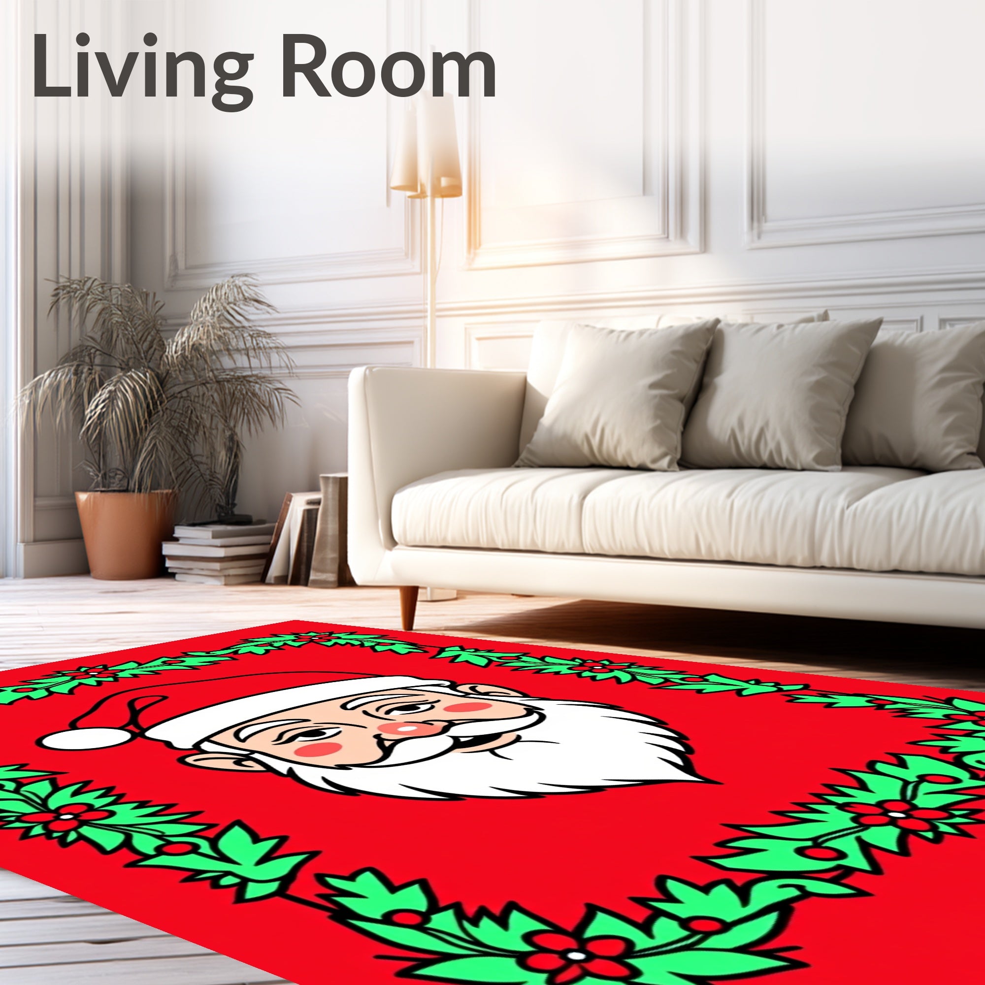 Merry Santa Christmas Holly Wreath Rug
