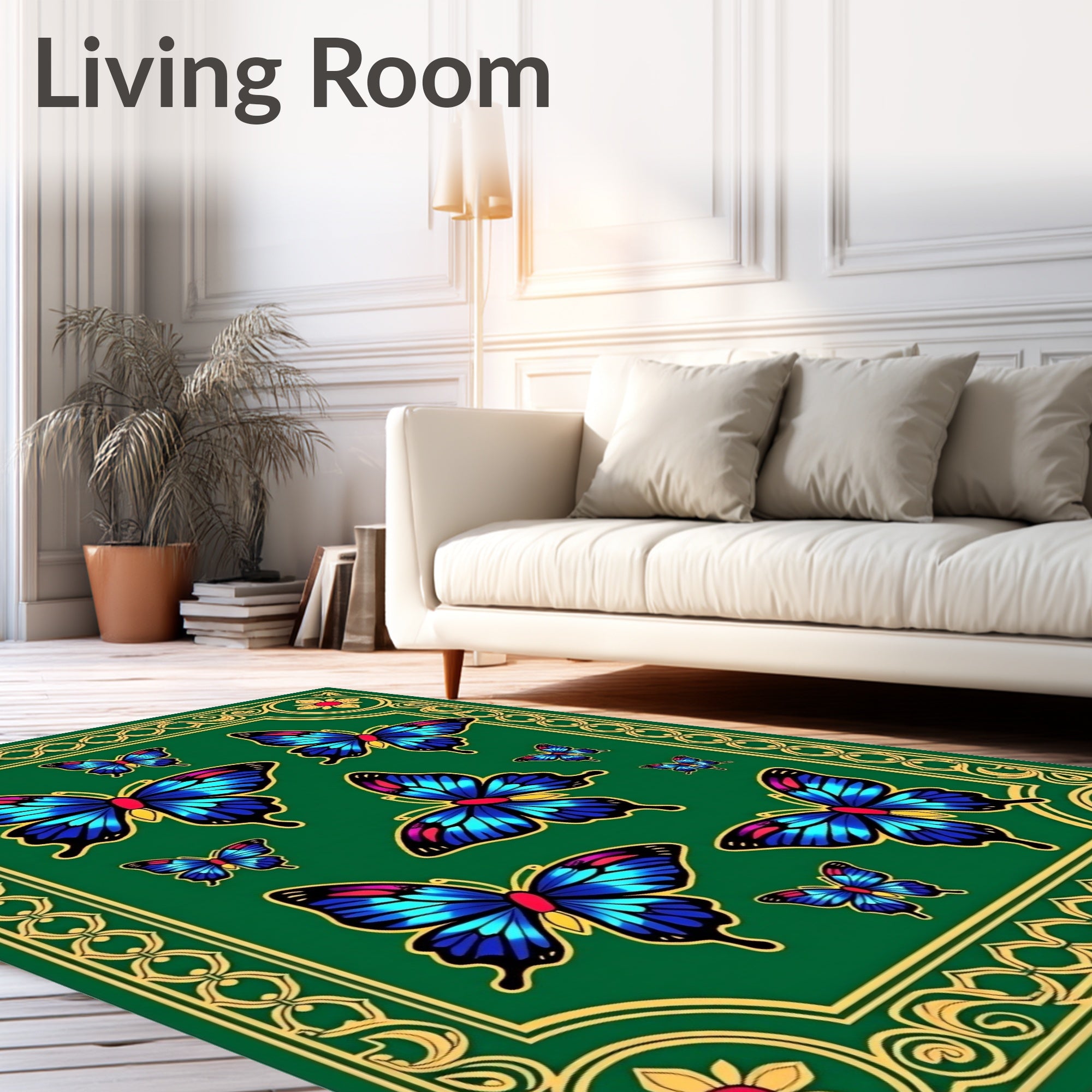 Emerald Green Butterfly Garden Border Rug