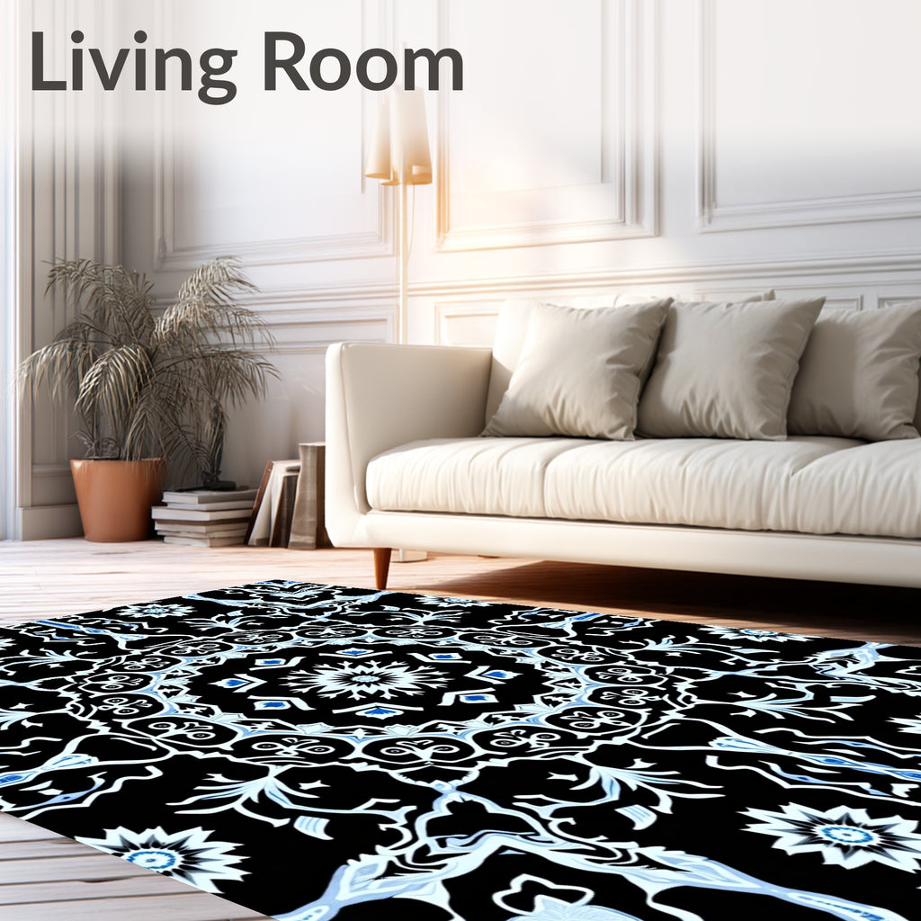 Black White Blue Mandala Floral Rug