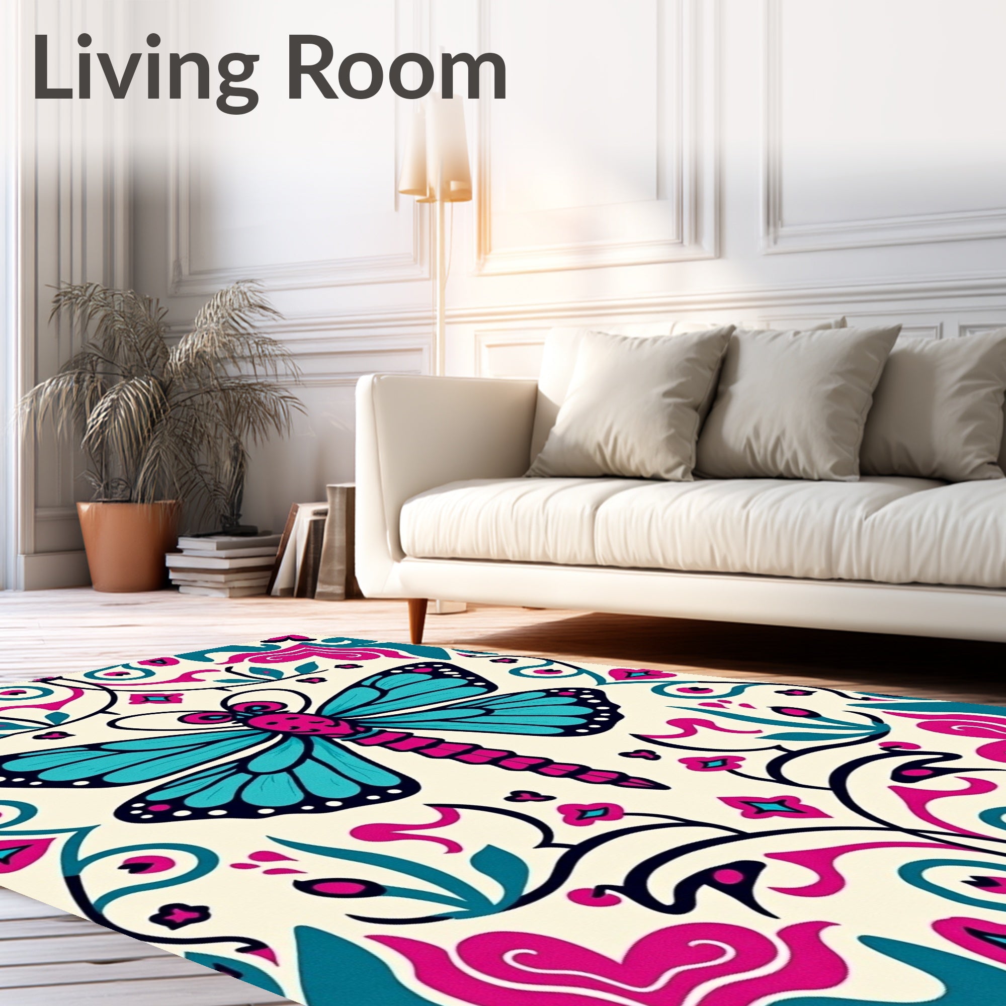 Vivid Teal Magenta Butterfly Garden Rug