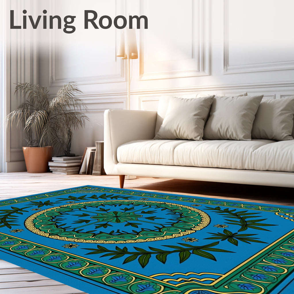 Emerald Green Leaf Medallion Blue Rug