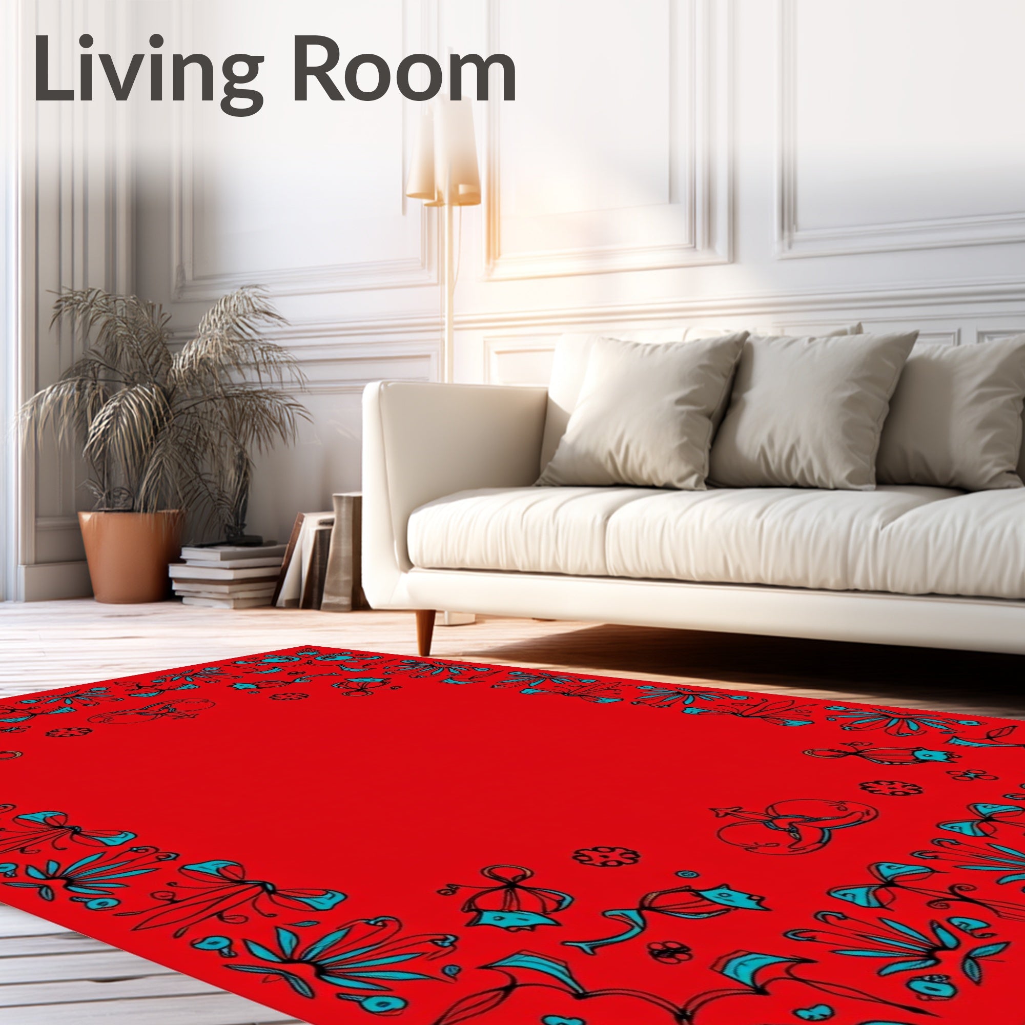 Crimson Cyan Folk Botanical Border Rug