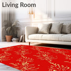 Crimson Red Golden Floral Branch Arrangement Rug