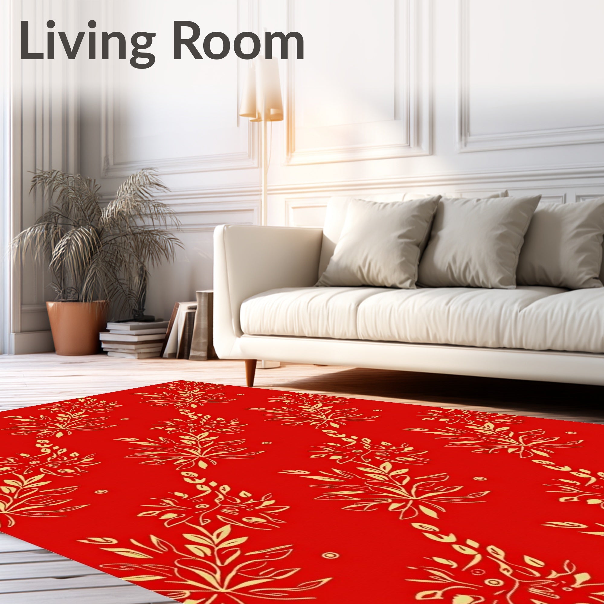 Crimson Red Golden Floral Branch Arrangement Rug