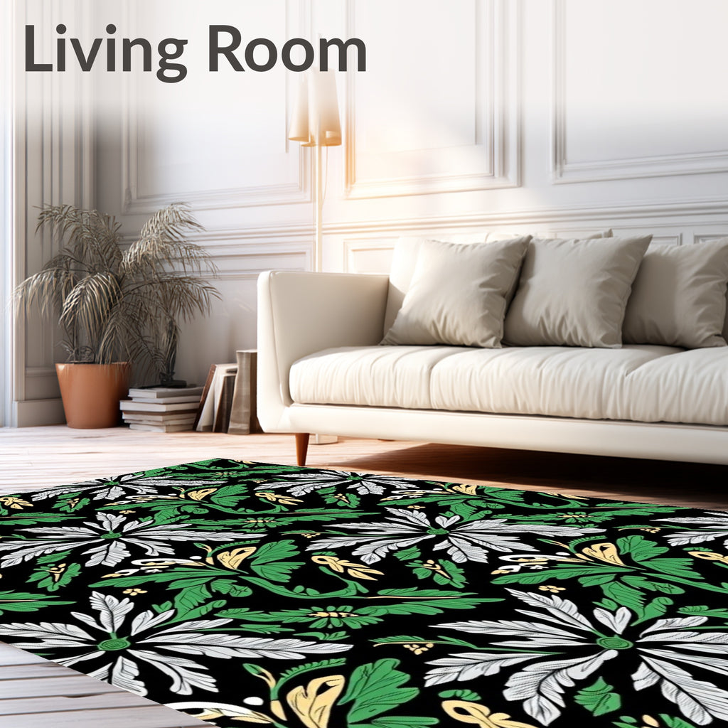 Bold Black Green White Floral Garden Rug
