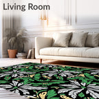 Bold Black Green White Floral Garden Rug