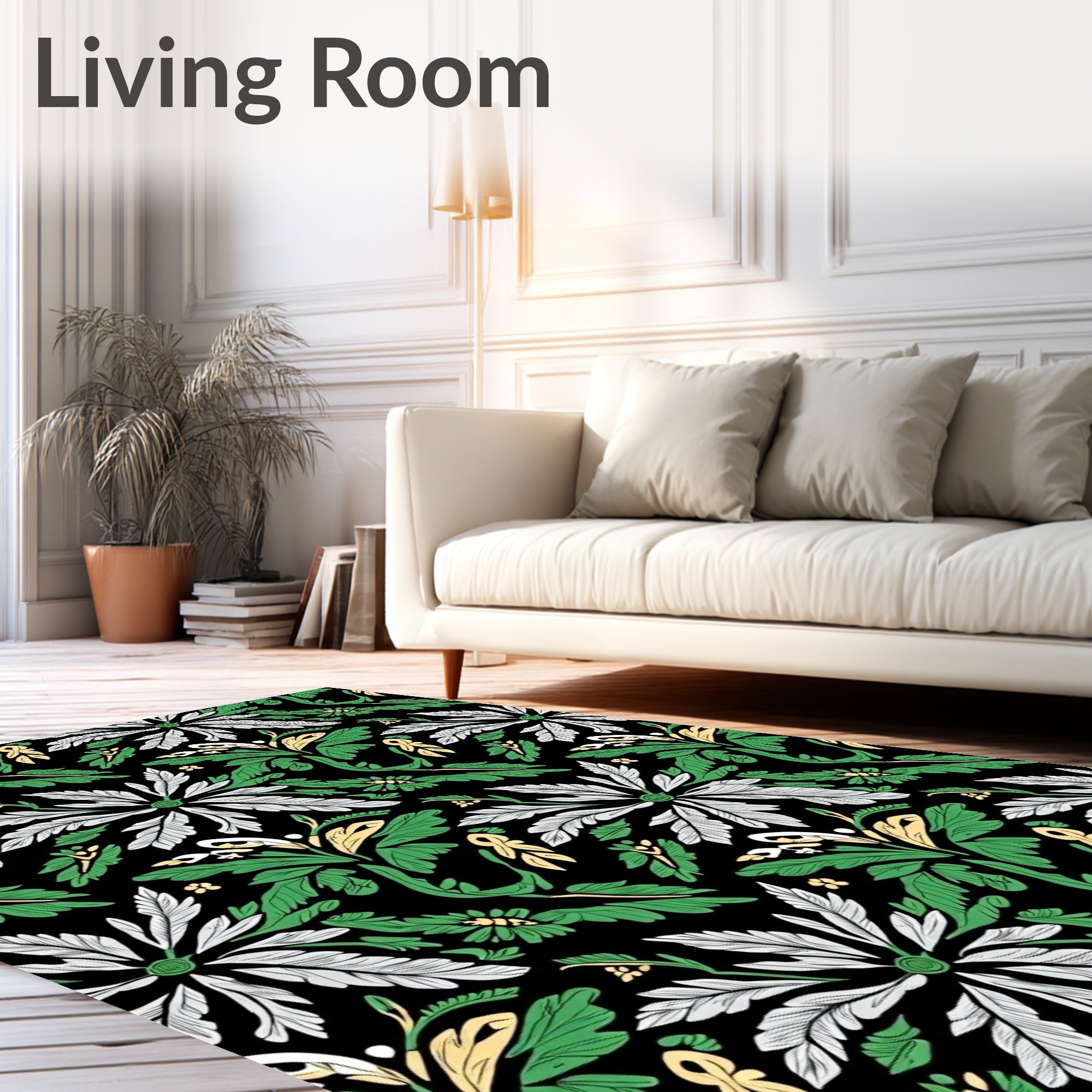 Bold Black Green White Floral Garden Rug