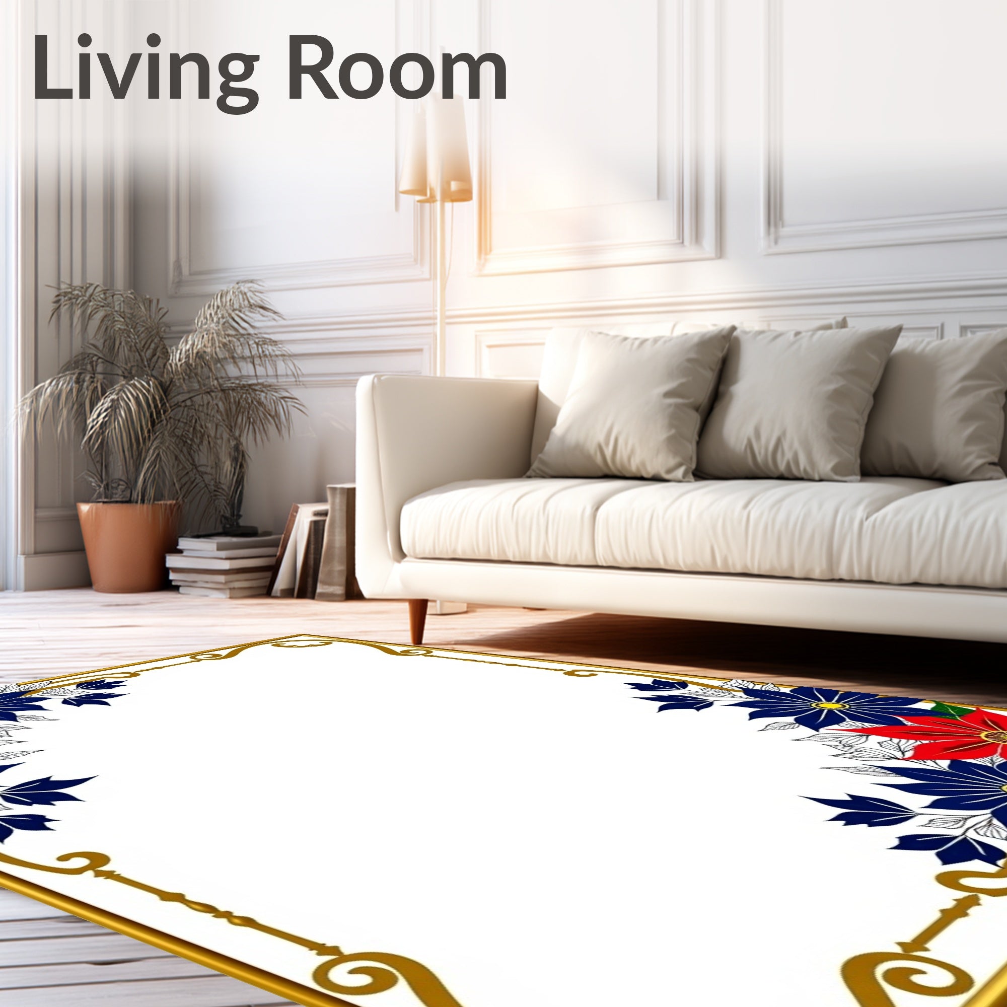 Red Blue Floral Accent Border Rug