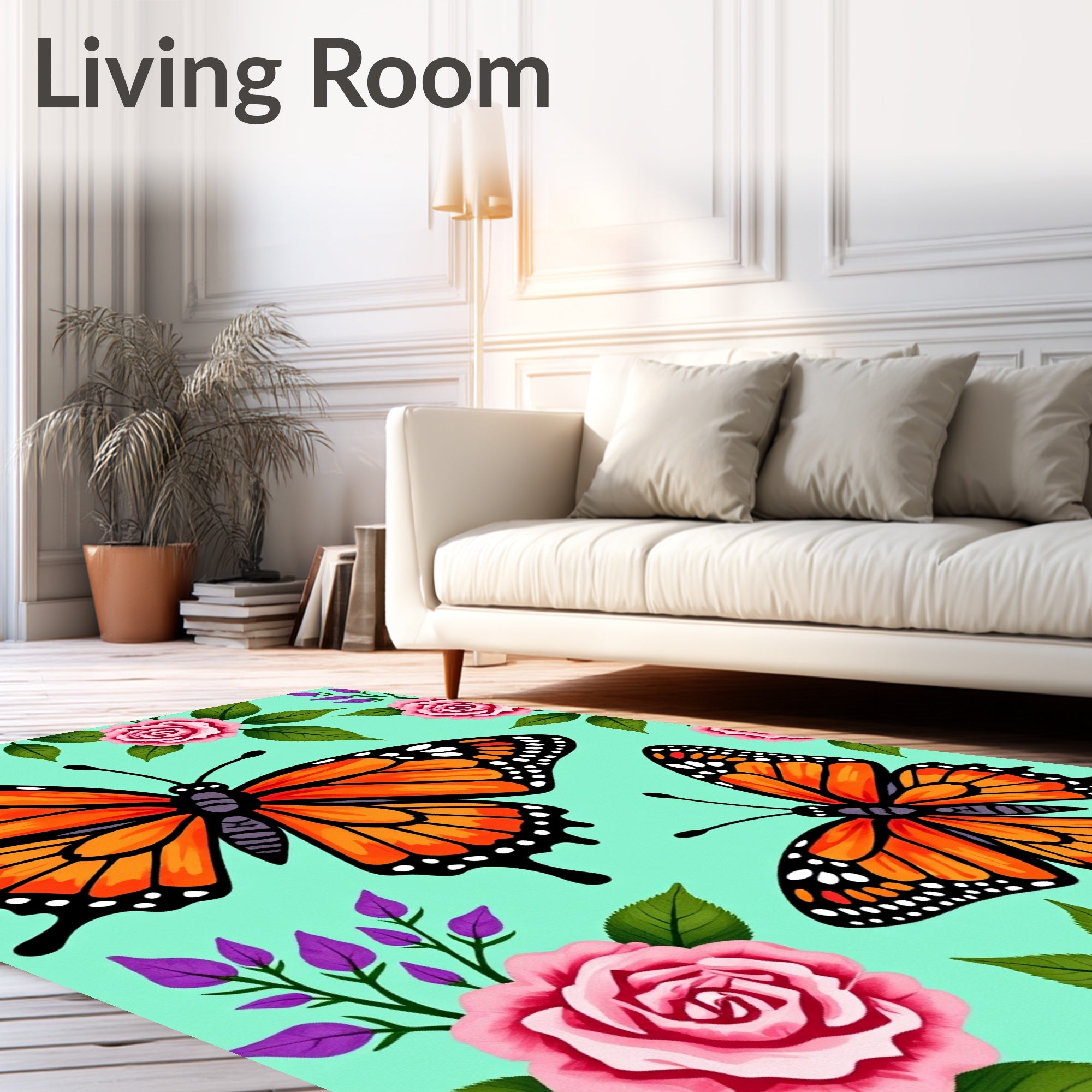Orange Monarch Butterflies Pink Rose Garden Rug