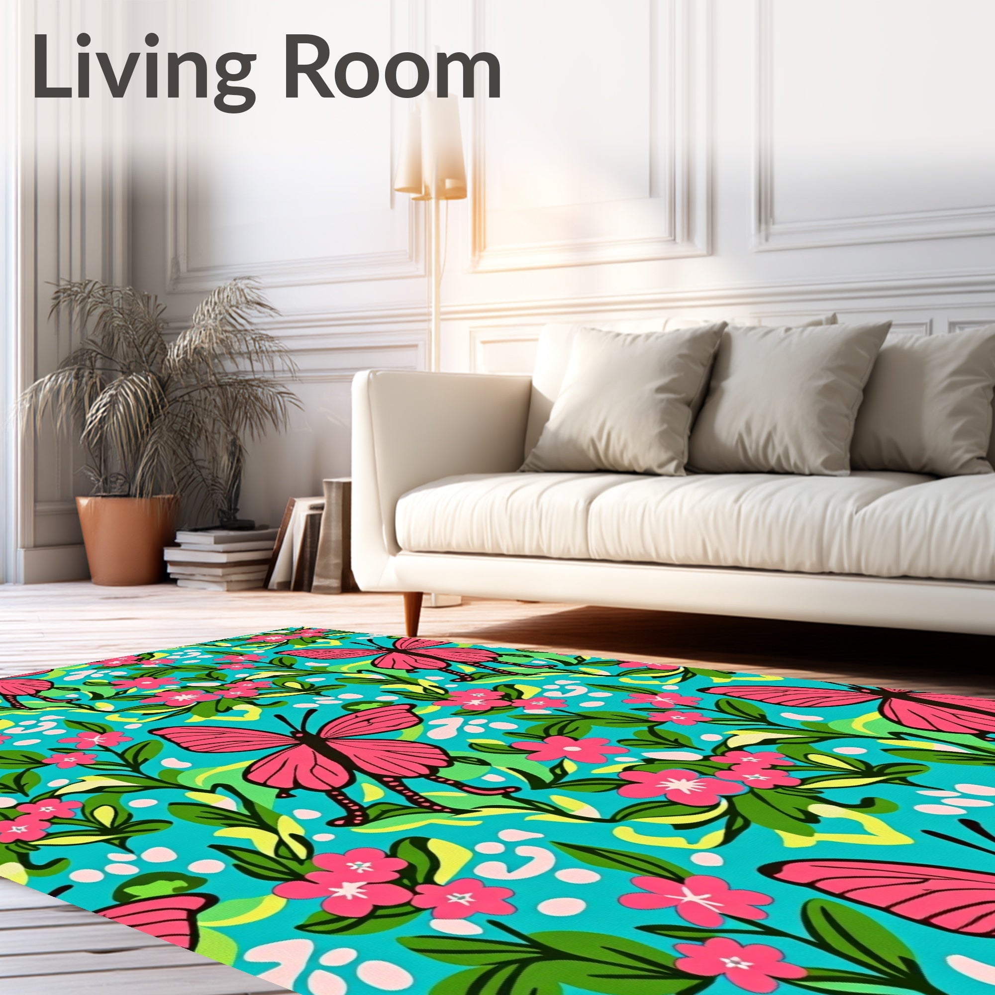 Vibrant Pink Butterfly Floral Garden Rug