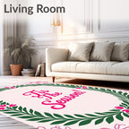 Pink Green Floral Wreath Festive Script Rug