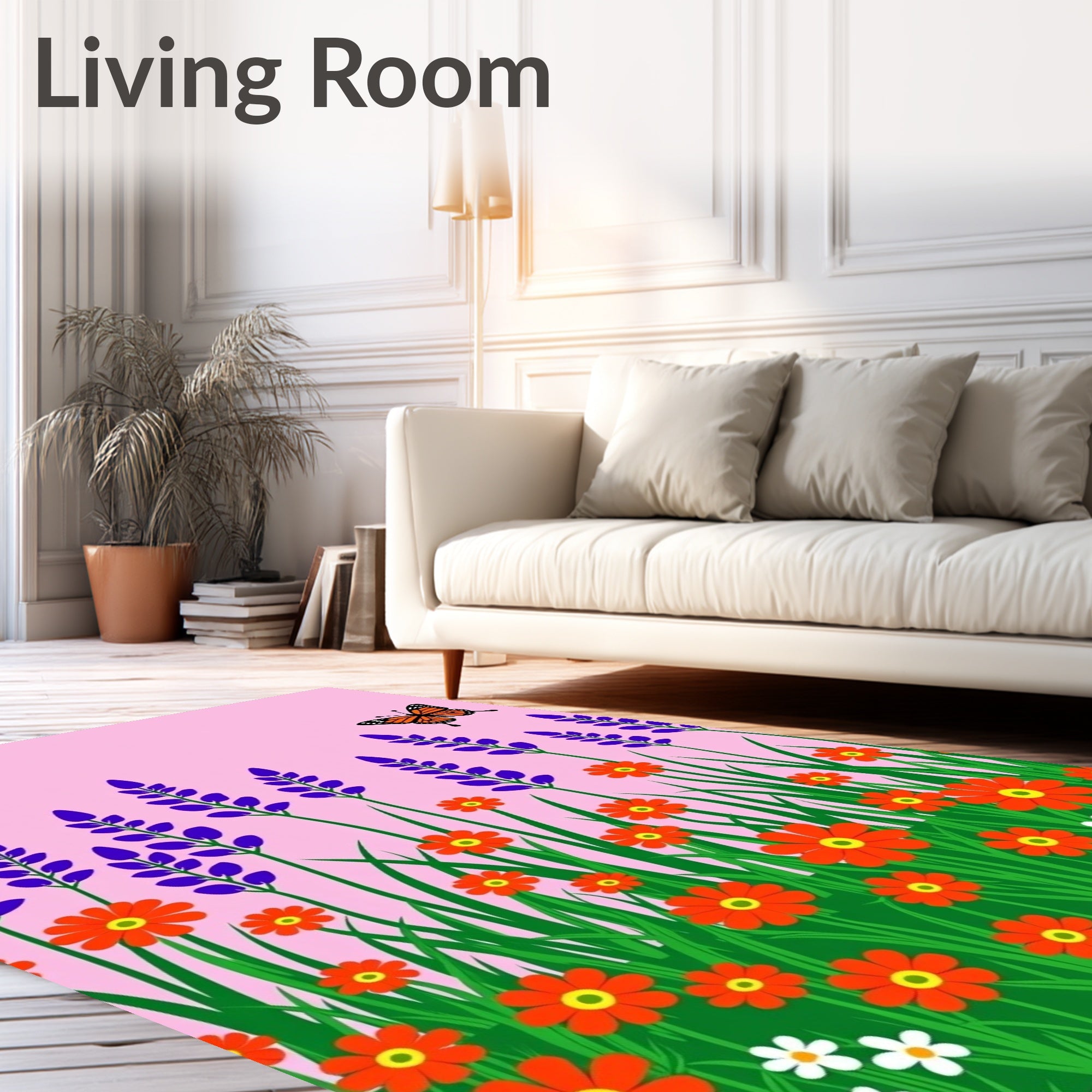 Whimsical Orange Floral Butterfly Garden Rug
