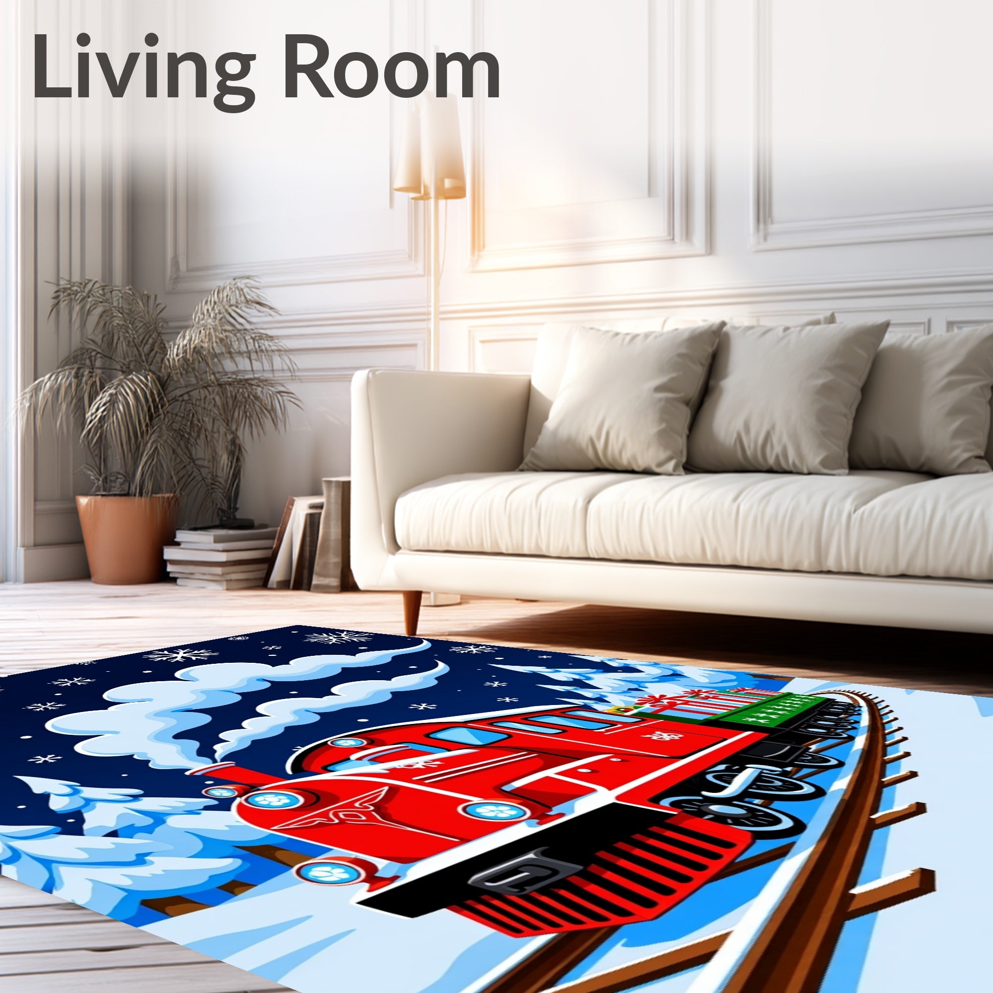 Red Christmas Train Snowy Night Rug