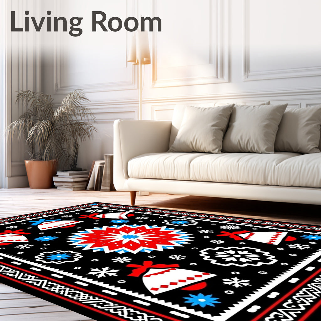 Bold Red Blue Bell Snowflakes Rug