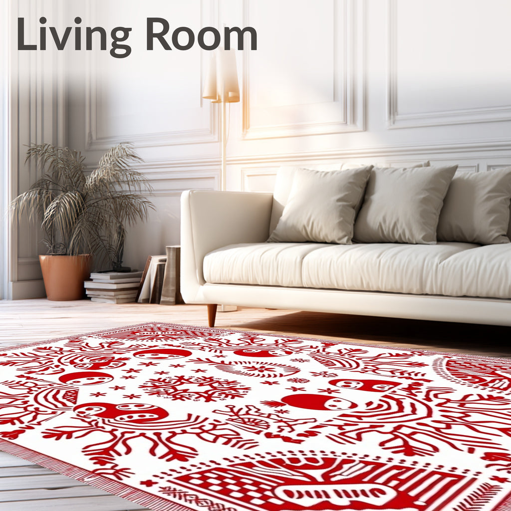 Crimson Whimsical Folk Creature Medallion Rug
