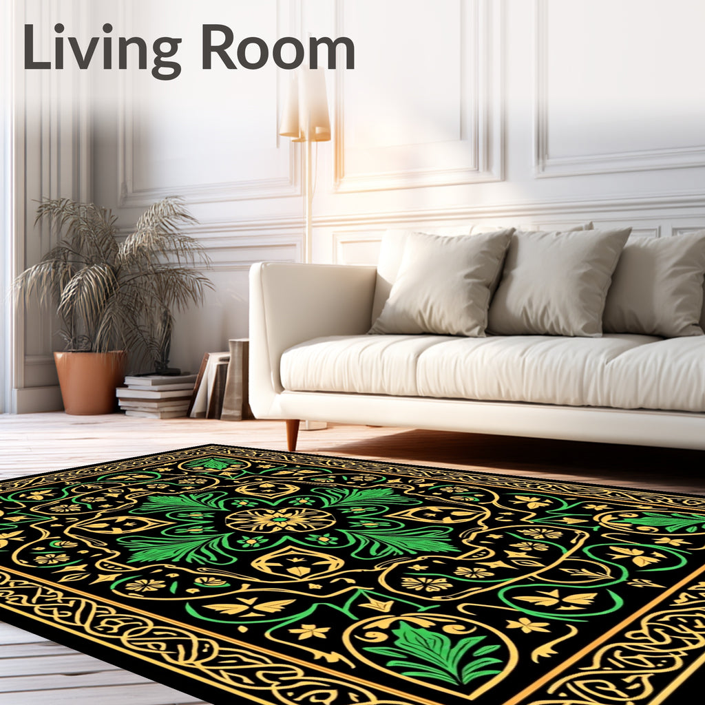 Ornate Emerald Gold Botanical Border Rug