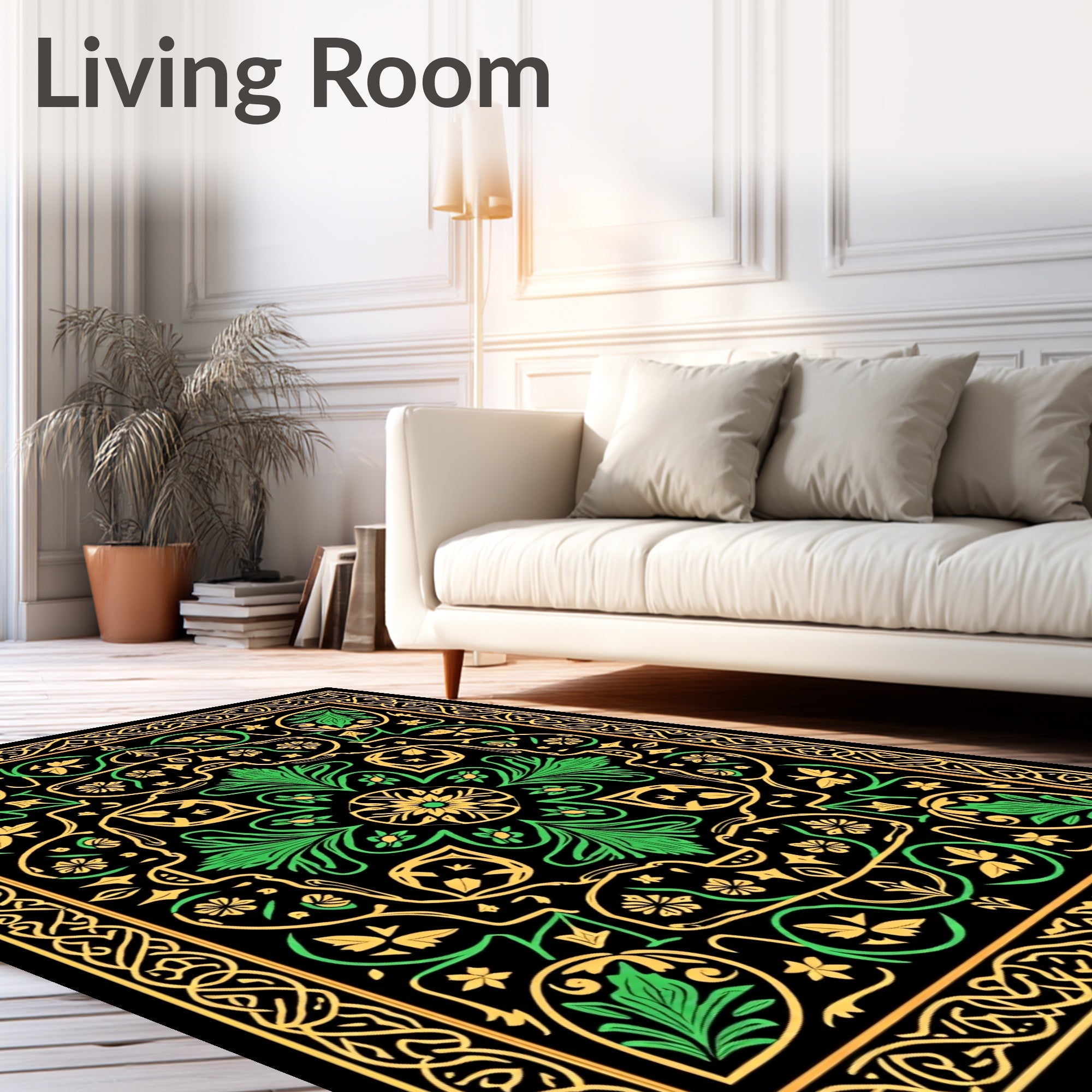 Ornate Emerald Gold Botanical Border Rug