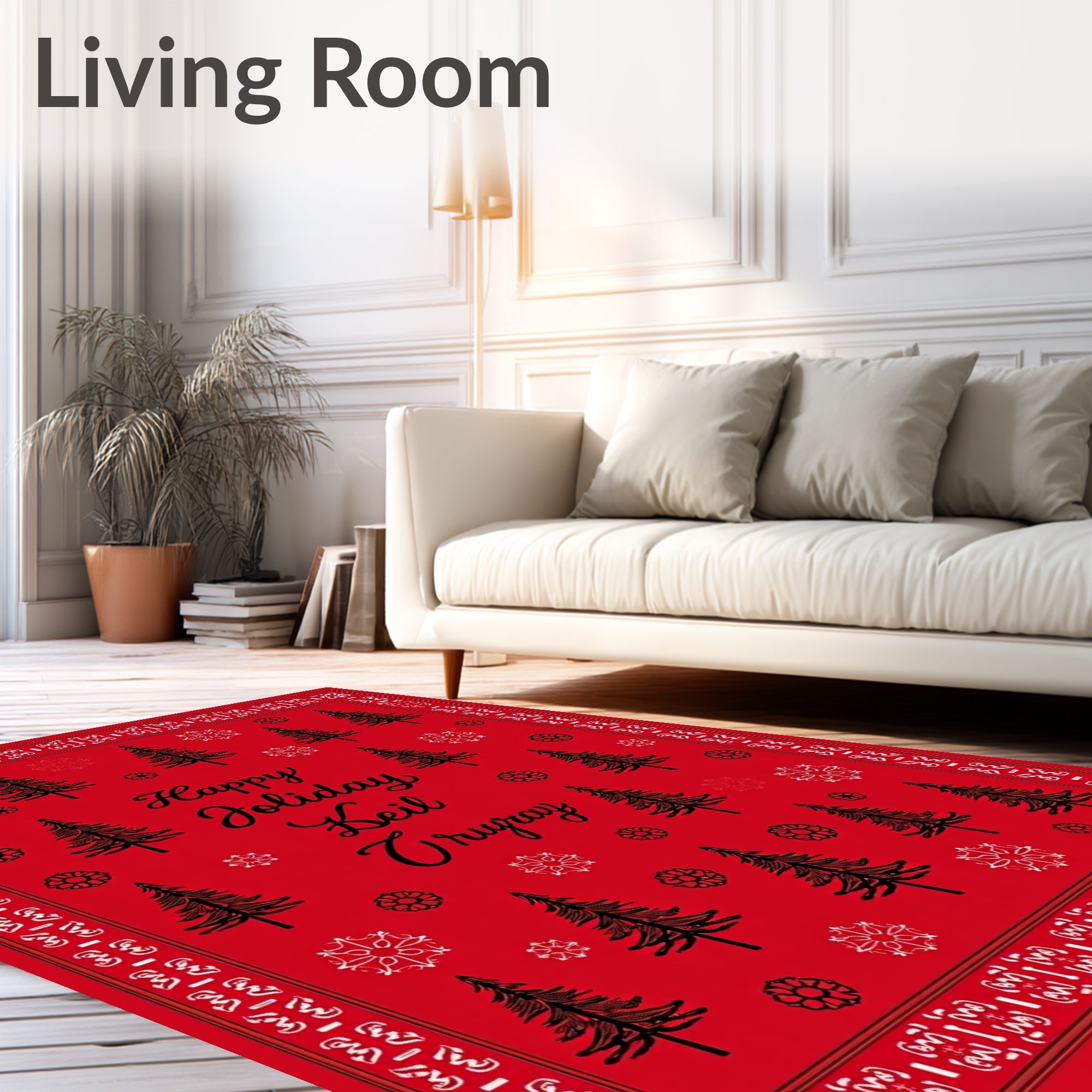 Festive Red Christmas Tree Snowflakes Rug