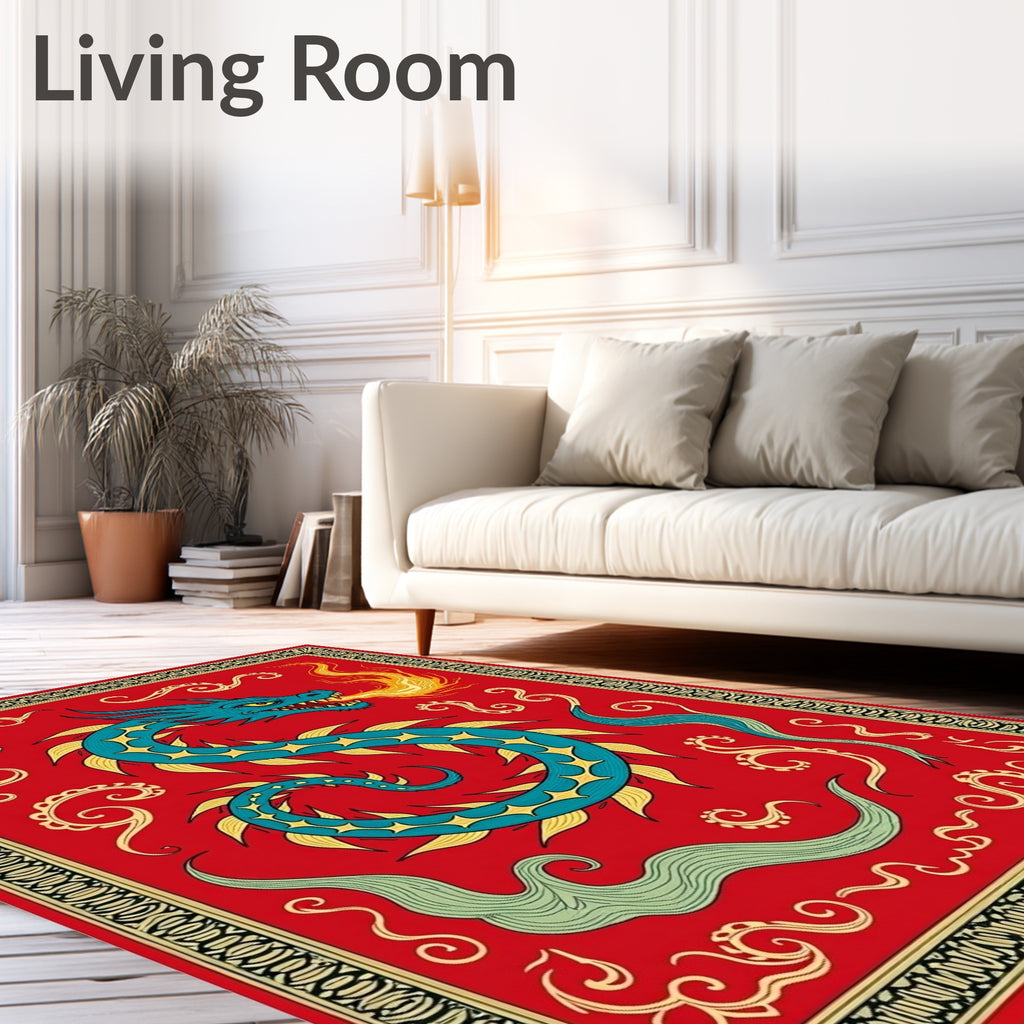 Fiery Blue Dragon Red Swirls Rug