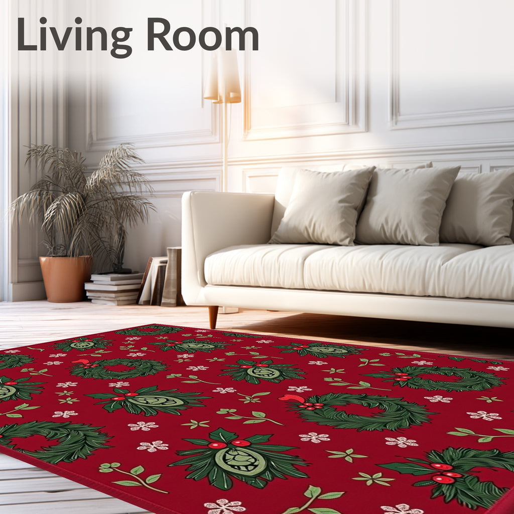 Festive Red Wreath Holly Berry Garland Rug