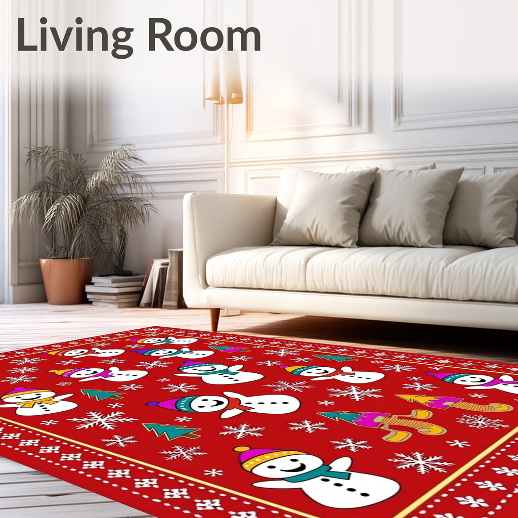 Playful Snowman Red Christmas Trees Rug