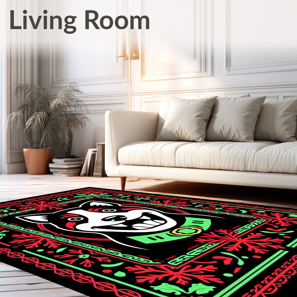 Festive Red Green Dog Portrait Rug