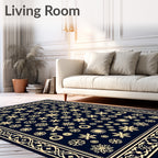 Golden Snowflake Navy Blue Border Rug