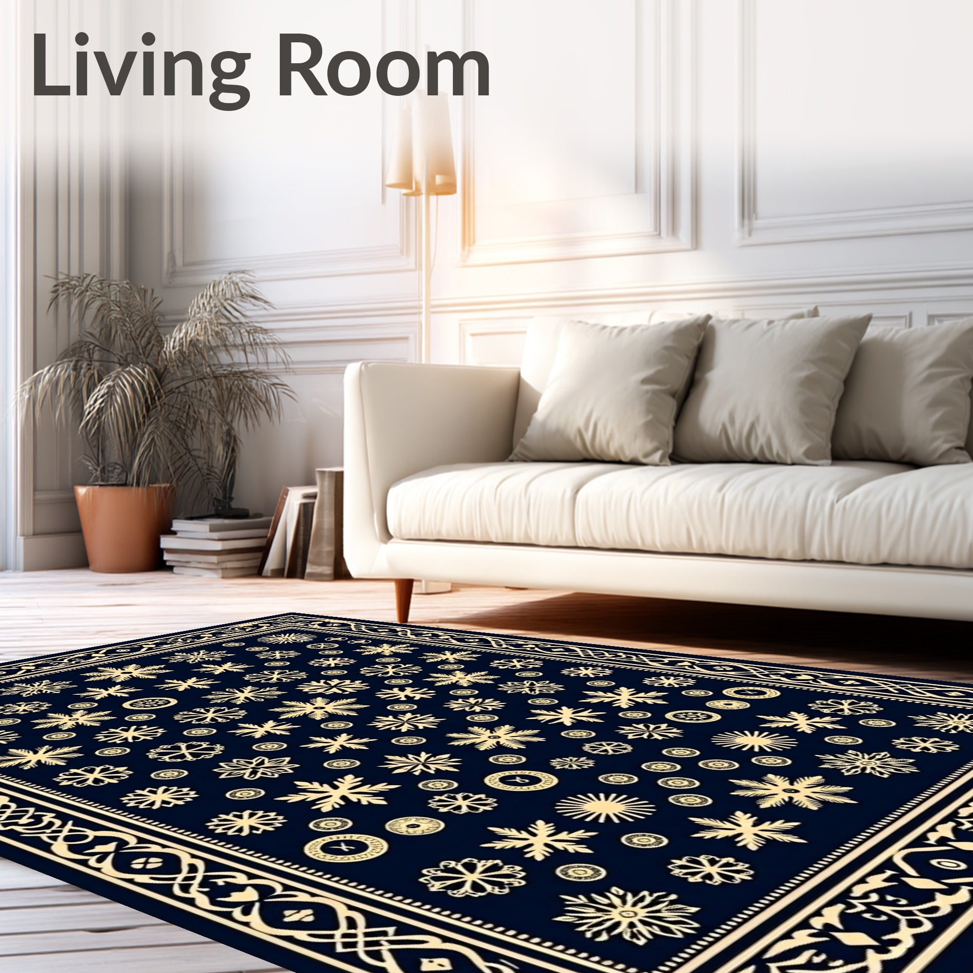 Golden Snowflake Navy Blue Border Rug