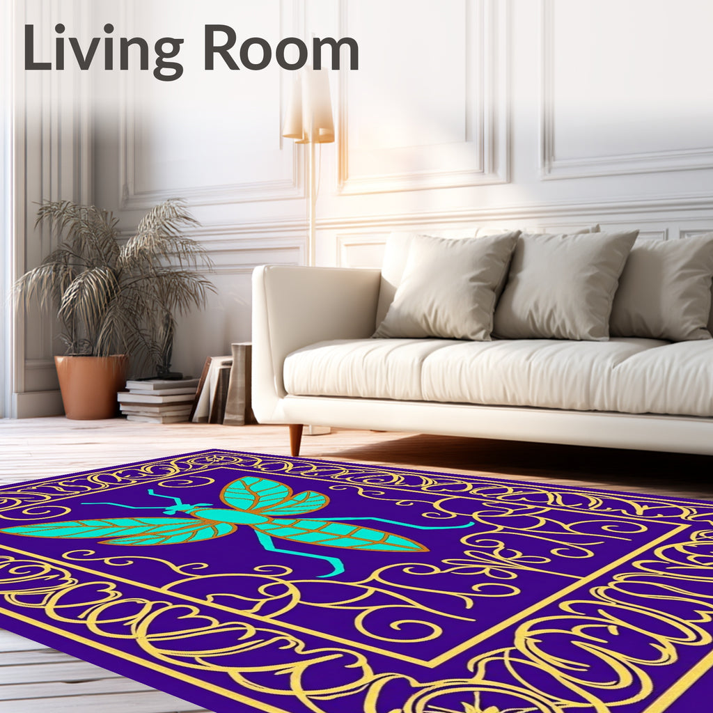 Aqua Insect Framed Golden Scroll Rug