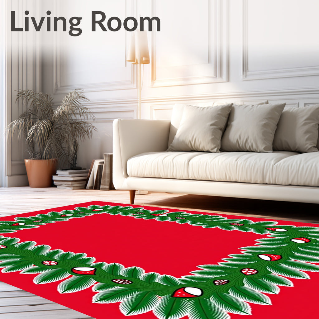 Green Fir Garland Red Ornament Frame Rug